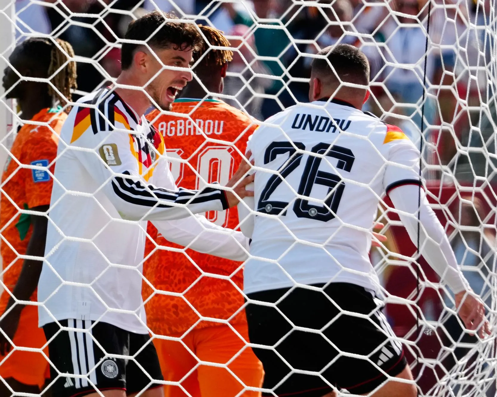 Deniz Undav celebrates with Kai Havertz after scoring a goal during the 2026 World Cup match between Germany and Côte d’Ivoire