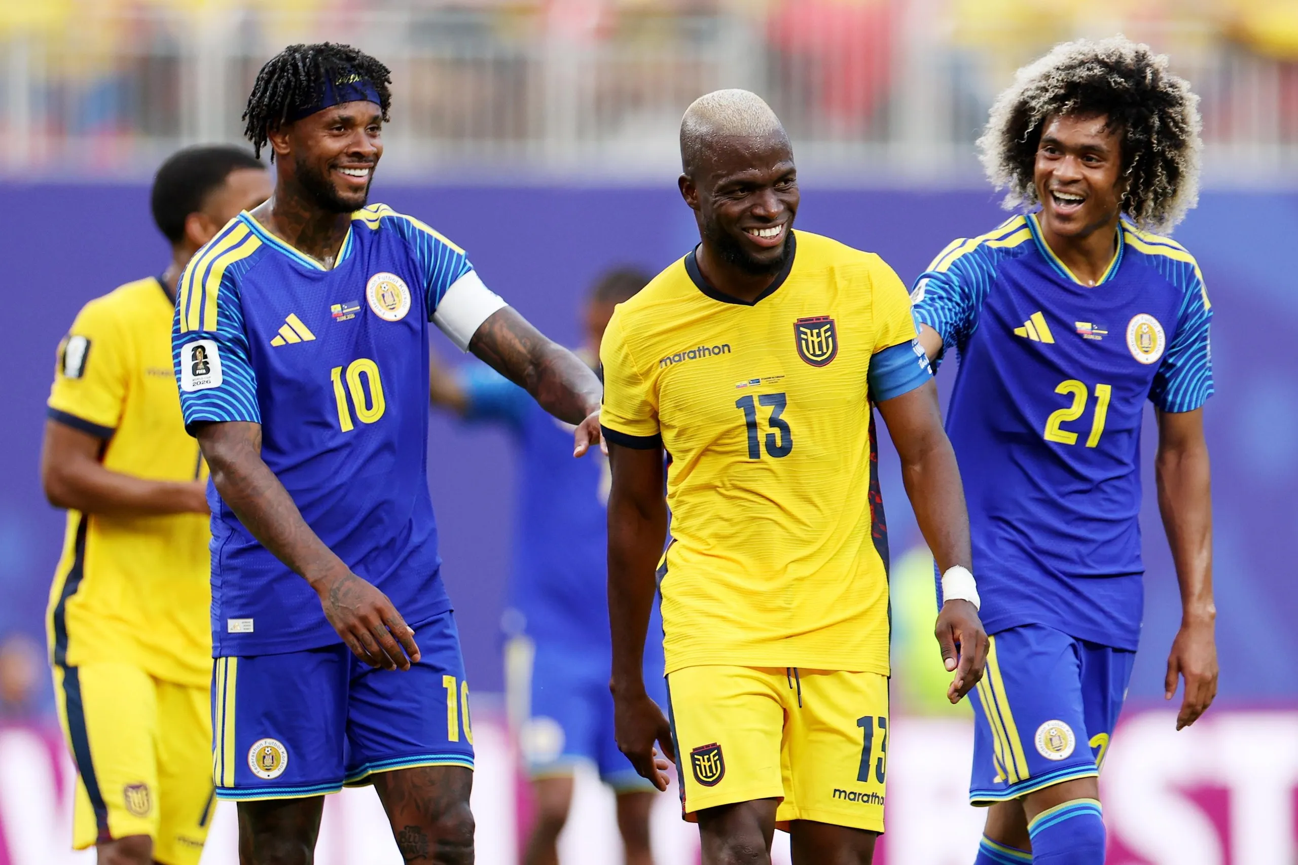 Enner Valencia of Ecuador smiles with Leandro Bacuna and Tahith Chong of Curacao
