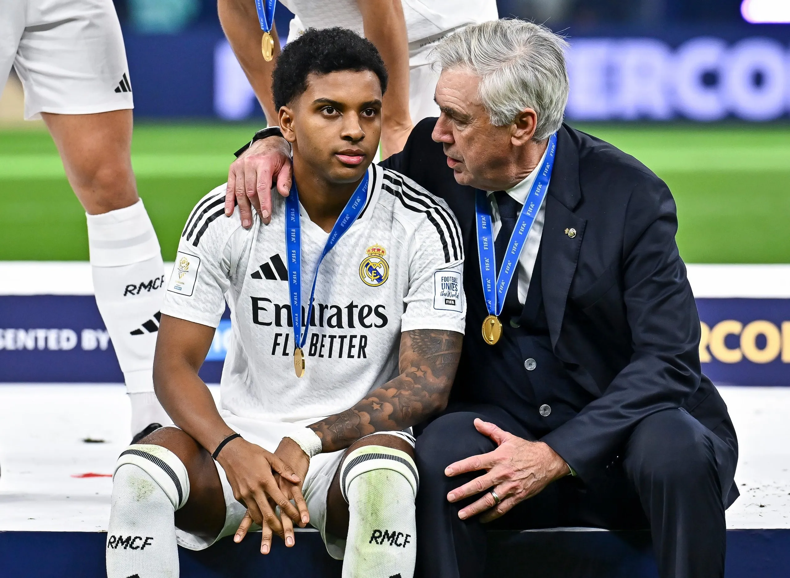 Carlo Ancelotti with Rodrygo after Real Madrid beat Mexico’s CF Pachuca at the 2024 Intercontinental Cup final in Qatar.