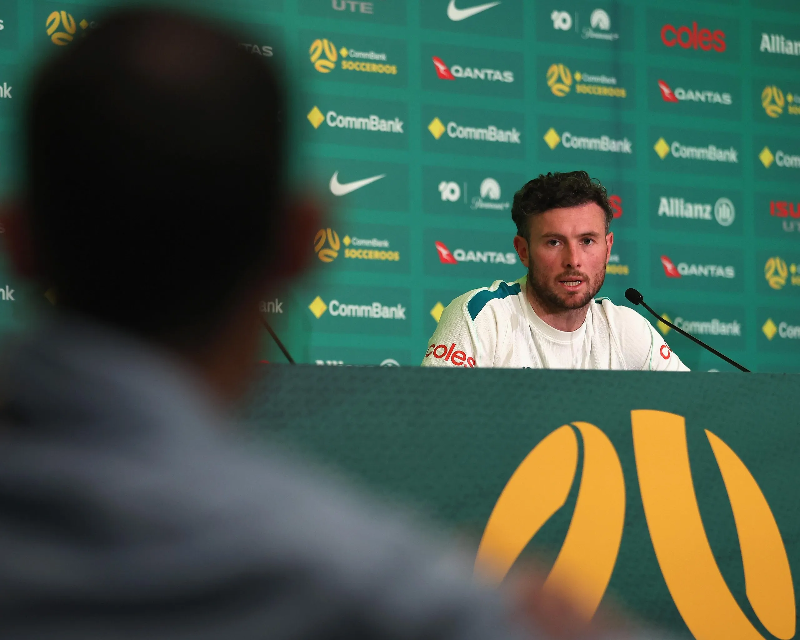 Socceroos midfielder Aiden O’Neill speaks to media before the 2026 World Cup match against the US