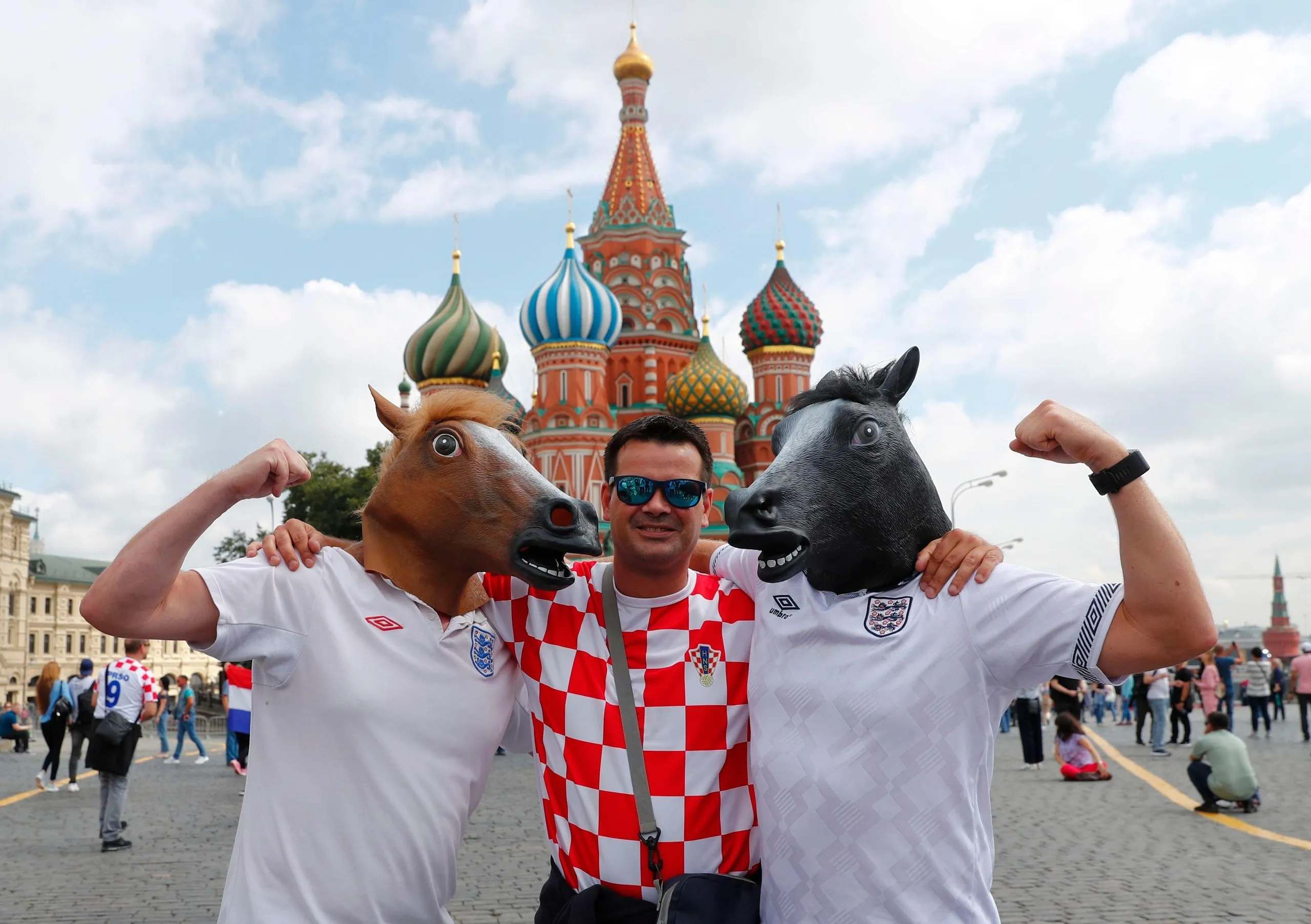 England and Croatia fans in front of Saint Basil's Cathedral in Red Square before the 2018 World Cup semi-final