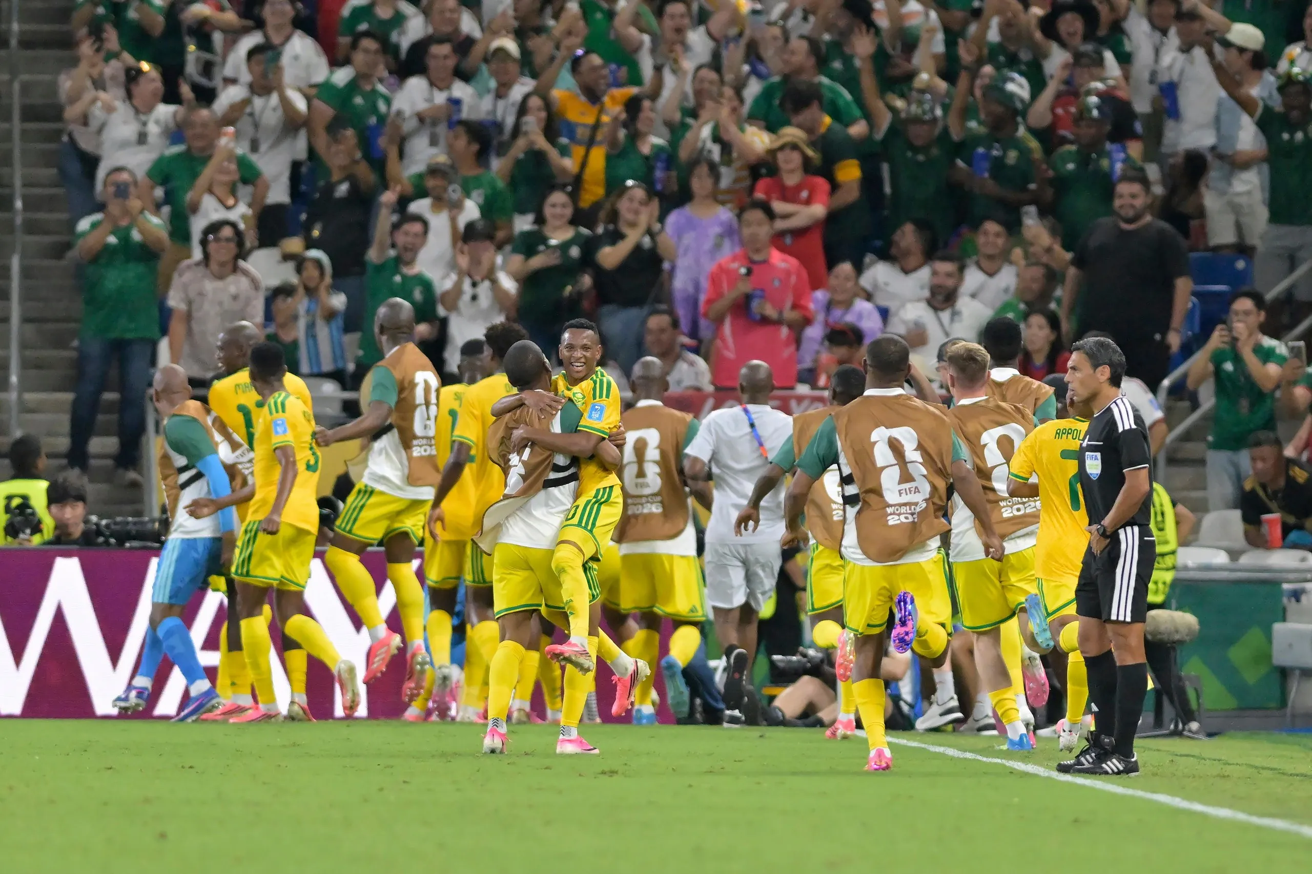 South Africa celebrate a goal by Thapelo Maseko