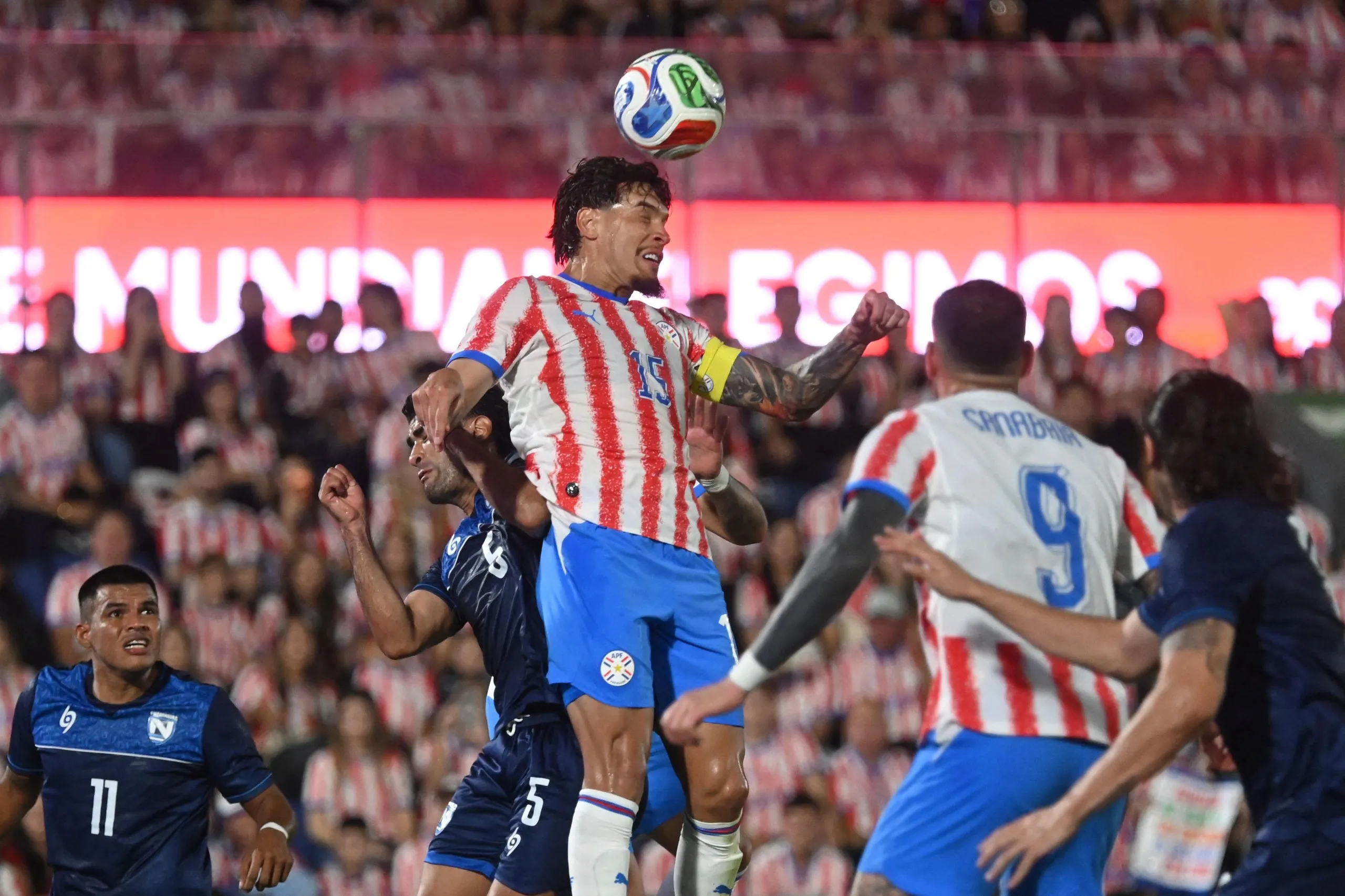 Paraguay’s captain Gustavo Gómez heads the ball