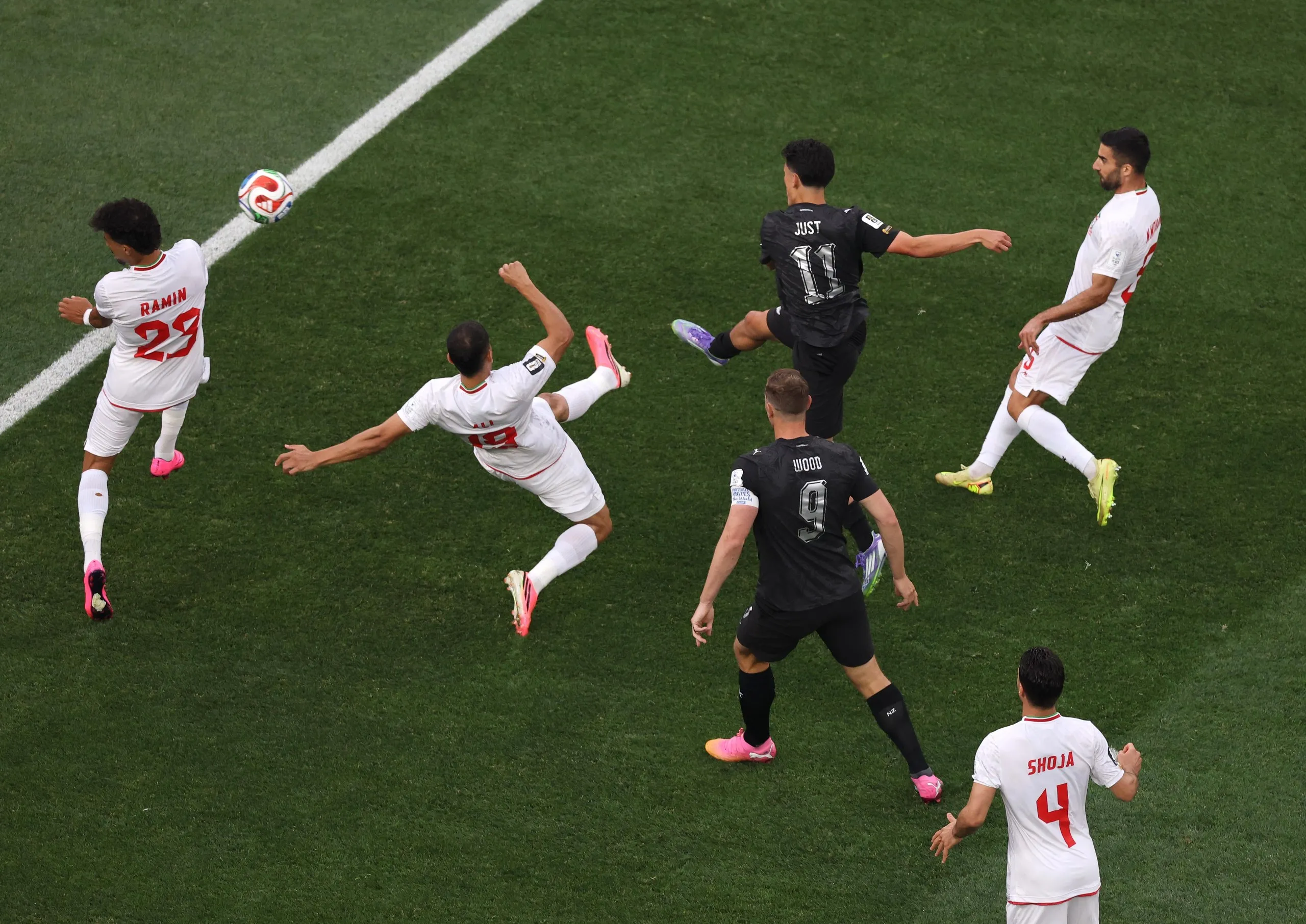 Elijah Just #11 of New Zealand scores his team’s first goal during the FIFA World Cup 2026 Group G match between IR Iran and New Zealand at Los Angeles Stadium on June 15, 2026 in Los Angeles, California.