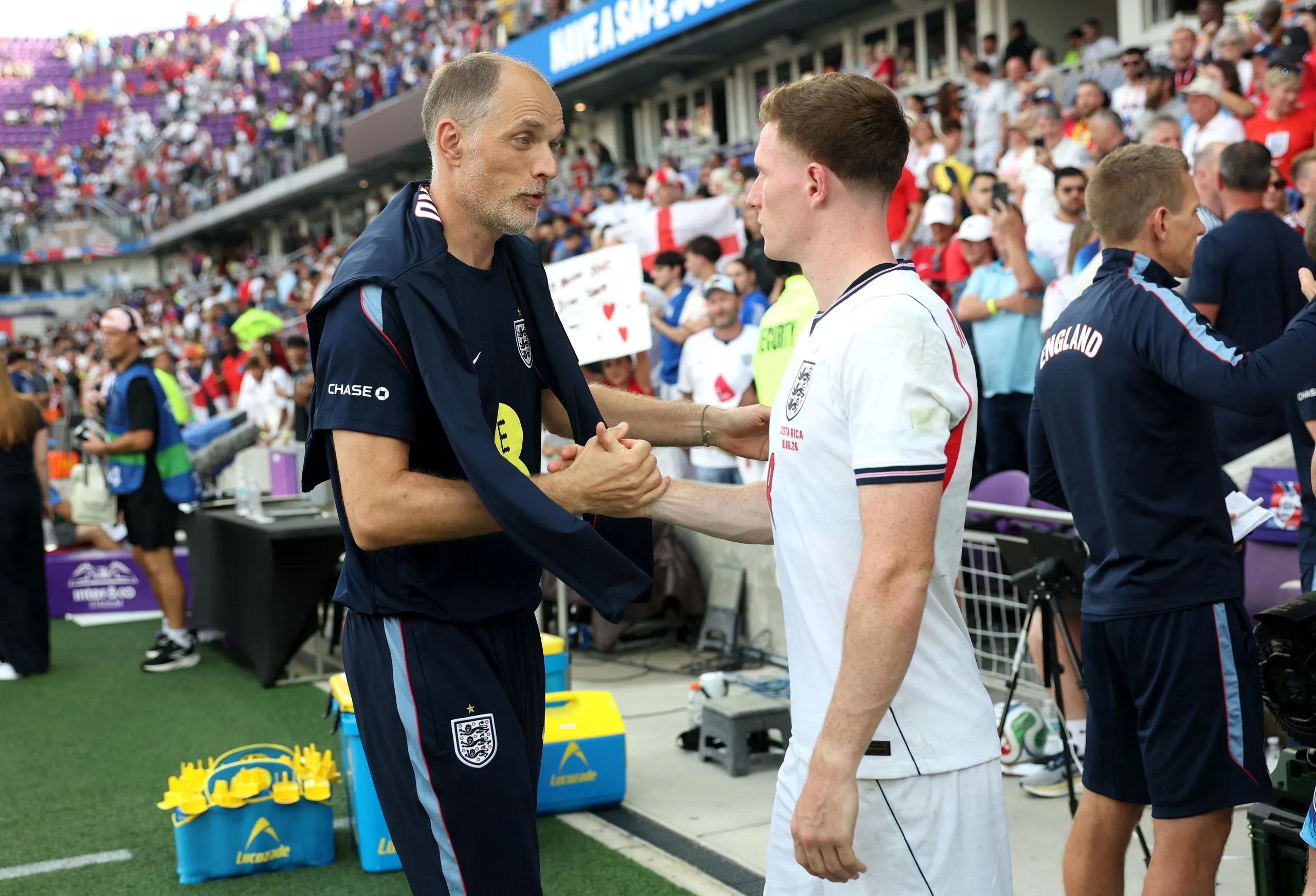 Thomas Tuchel and Elliot Anderson after a 3-0 friendly win over Costa Rica