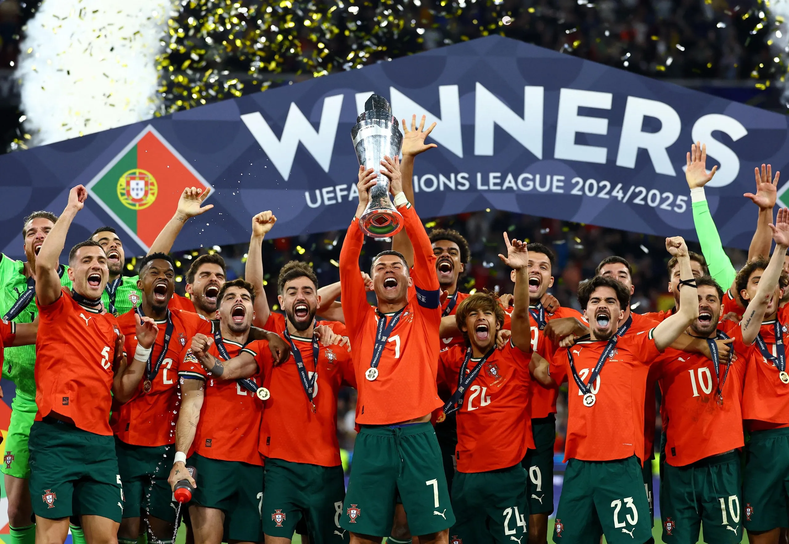Portugal celebrate after beating Spain in the Nations League final.