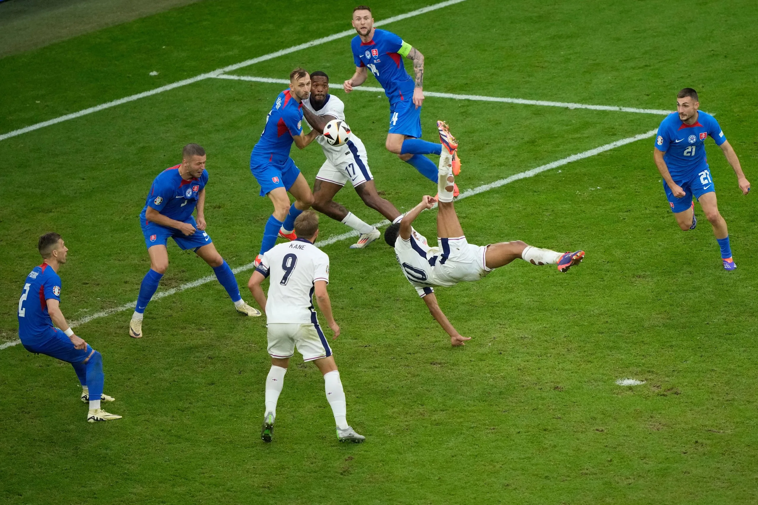 Jude Bellingham scores with an overhead kick against Slovakia at Euro 2024.