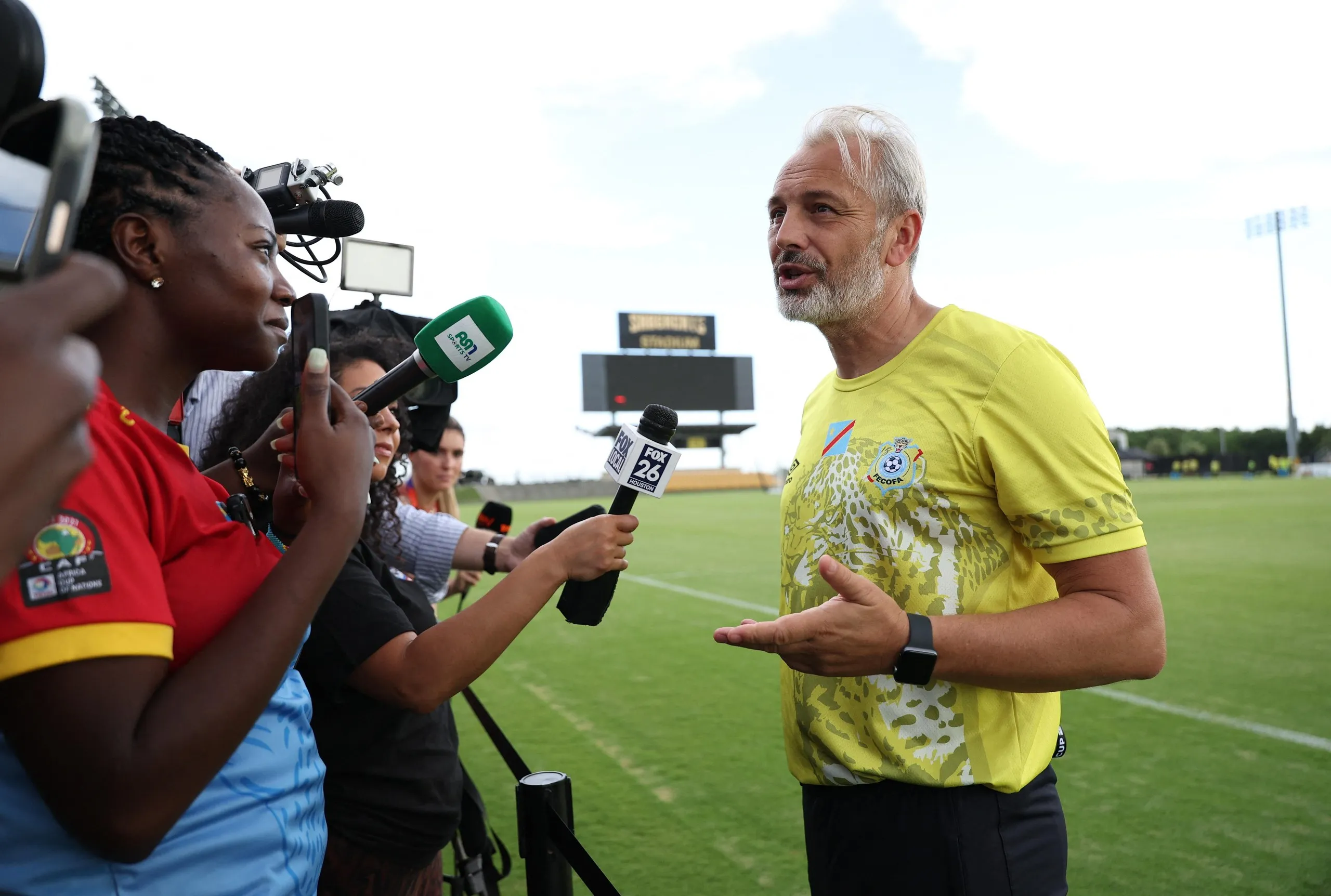 Sebastien Desabre, the DRC’s coach, speaks to media during training