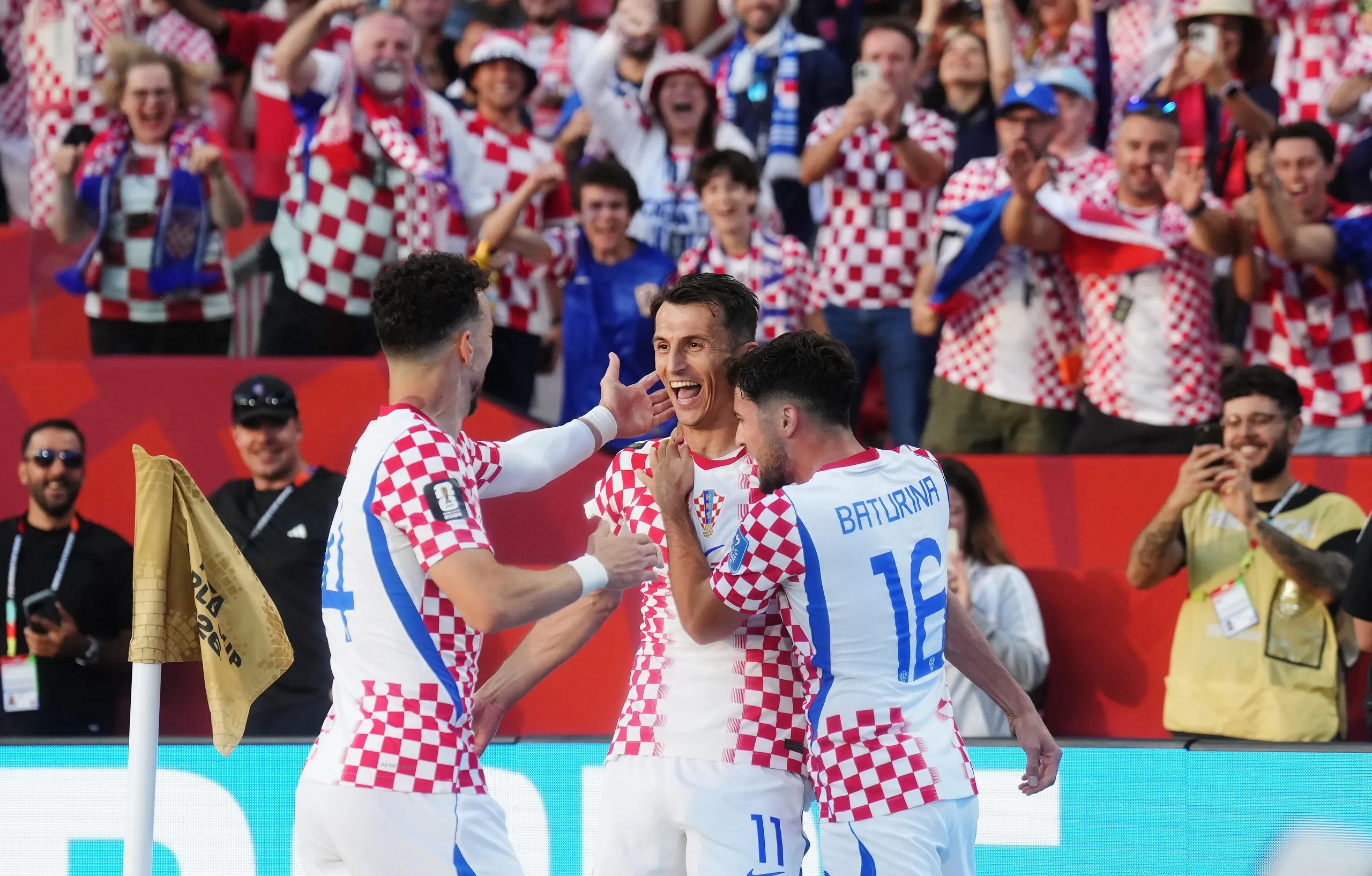 Croatia’s Ante Budimir (centre) celebrates his goal against Panama with Ivan Perisic and Martin Baturina.