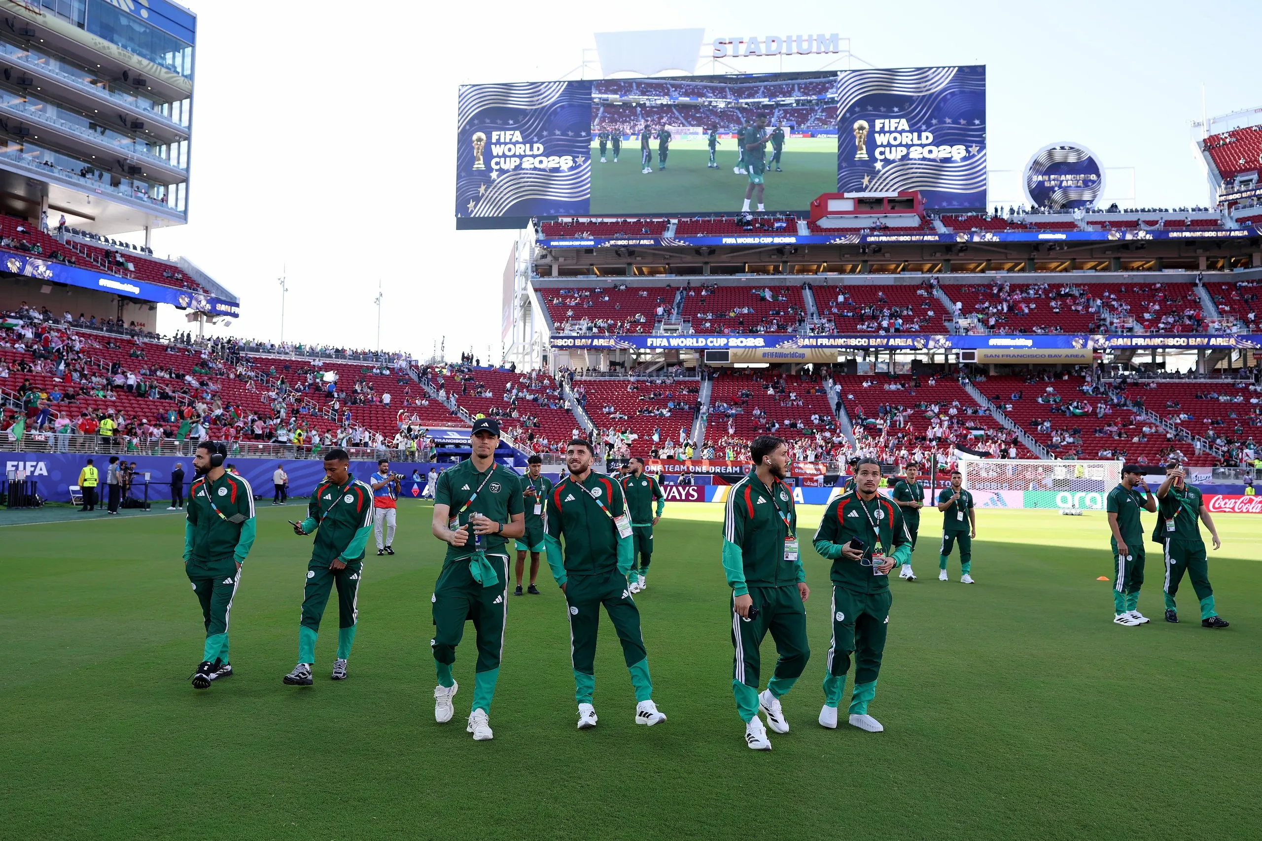 Algeria players inspect the pitch at the San Francisco Bay Area Stadium.