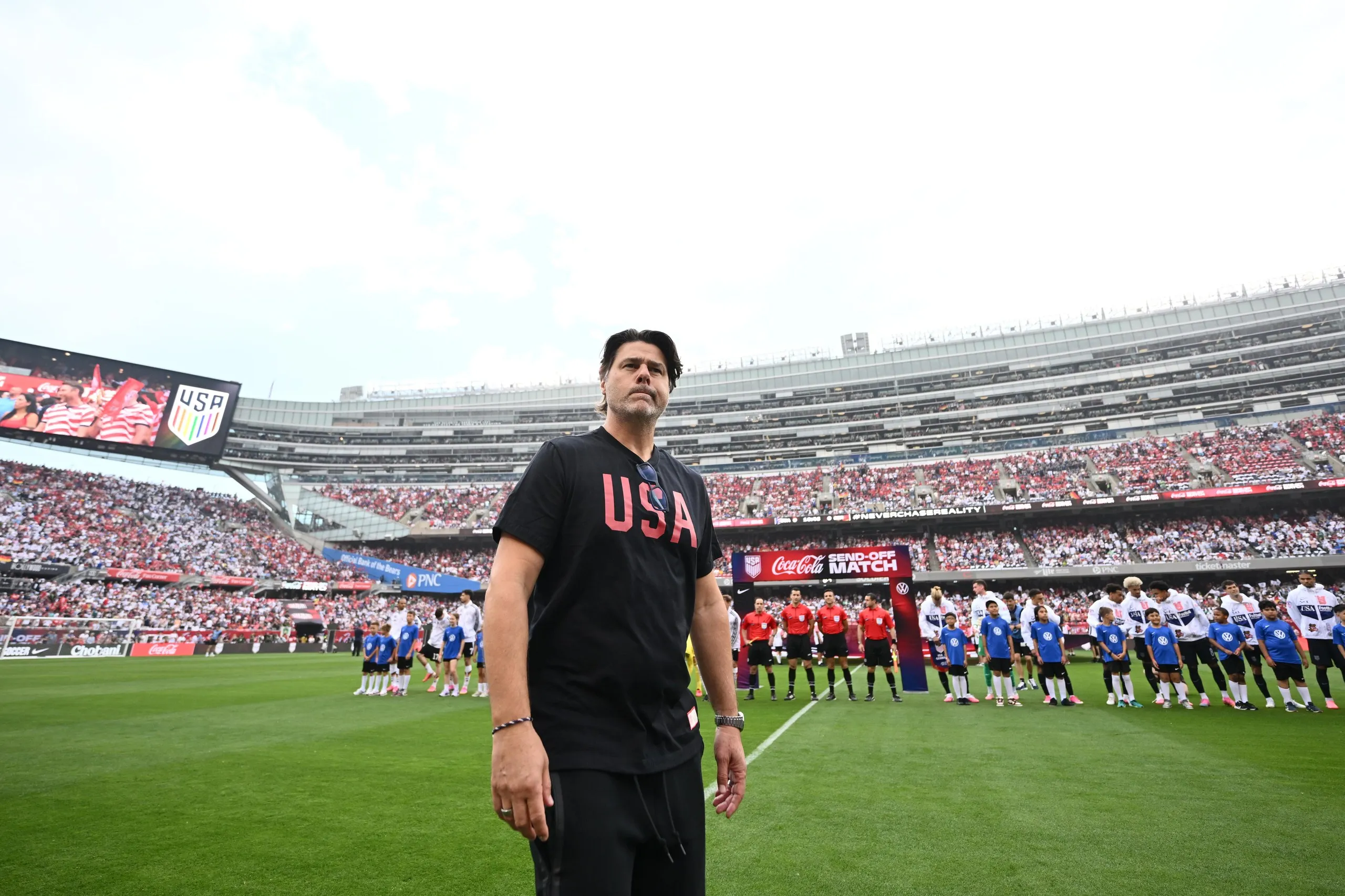 Mauricio Pochettino surveys the scene before USA’s friendly against Germany at Soldier Field this month in Chicago