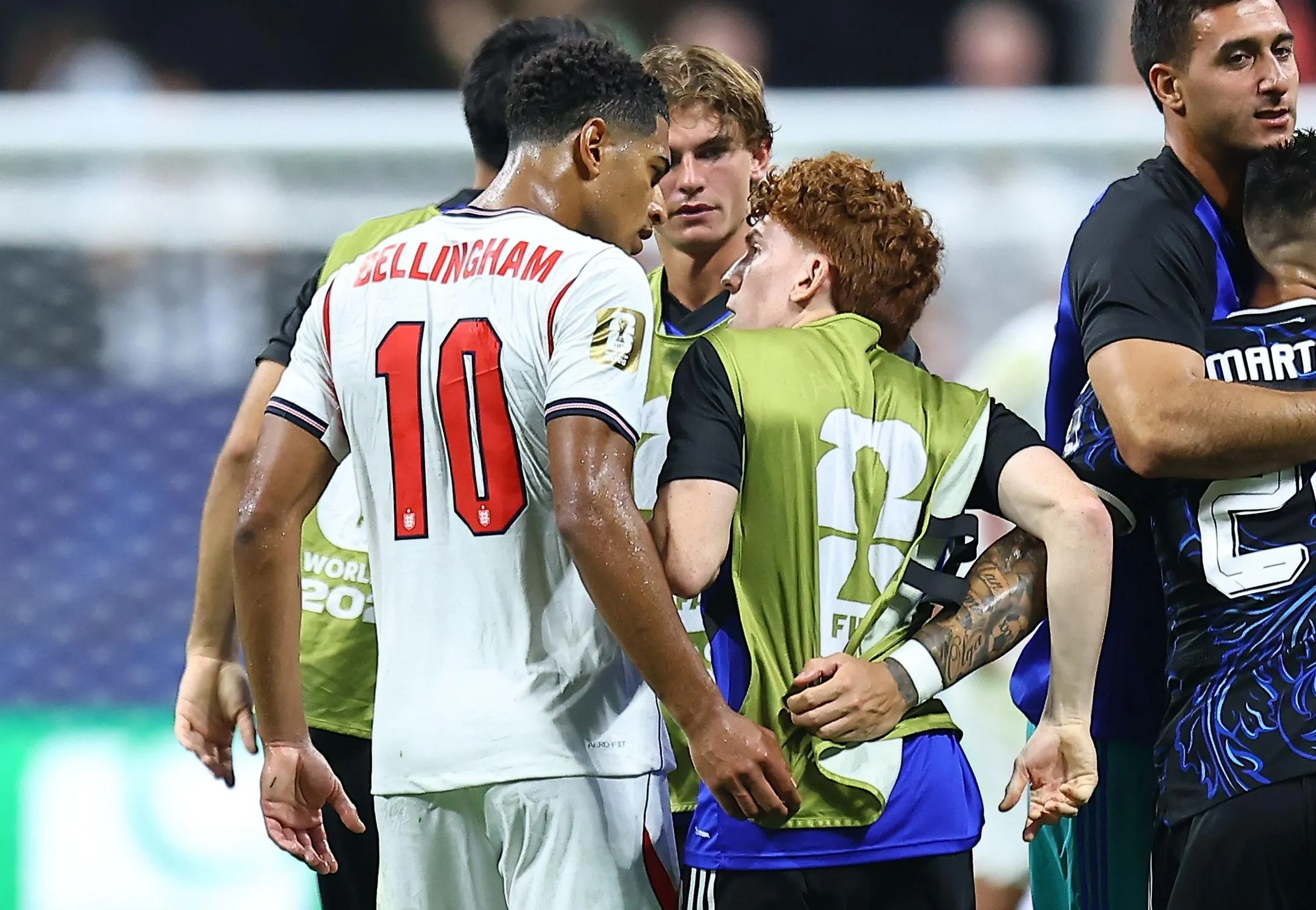Jude Bellingham and Valentin Barco clash after the game.