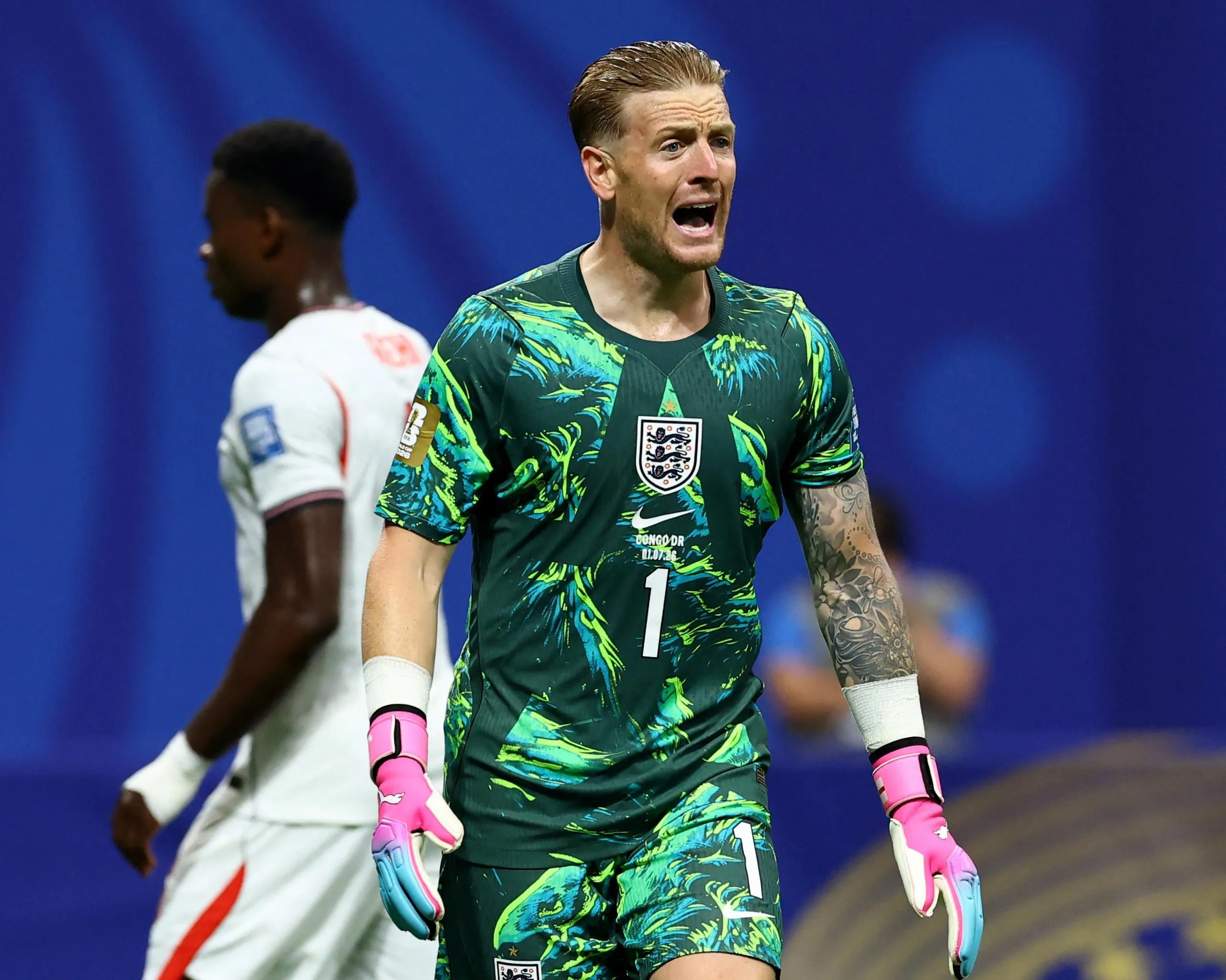 Jordan Pickford in action for England at the World Cup.