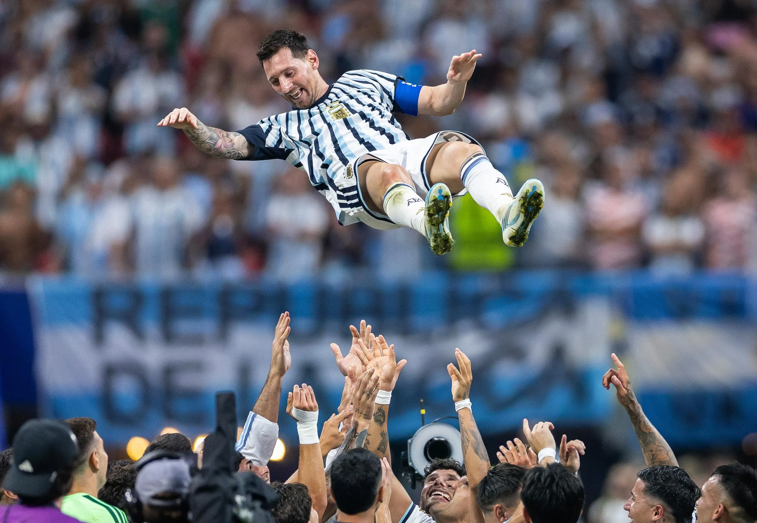 Lionel Messi of Argentina is thrown in the air by teammates after their 3-2 victory during the Fifa World Cup 2026 against Egypt.