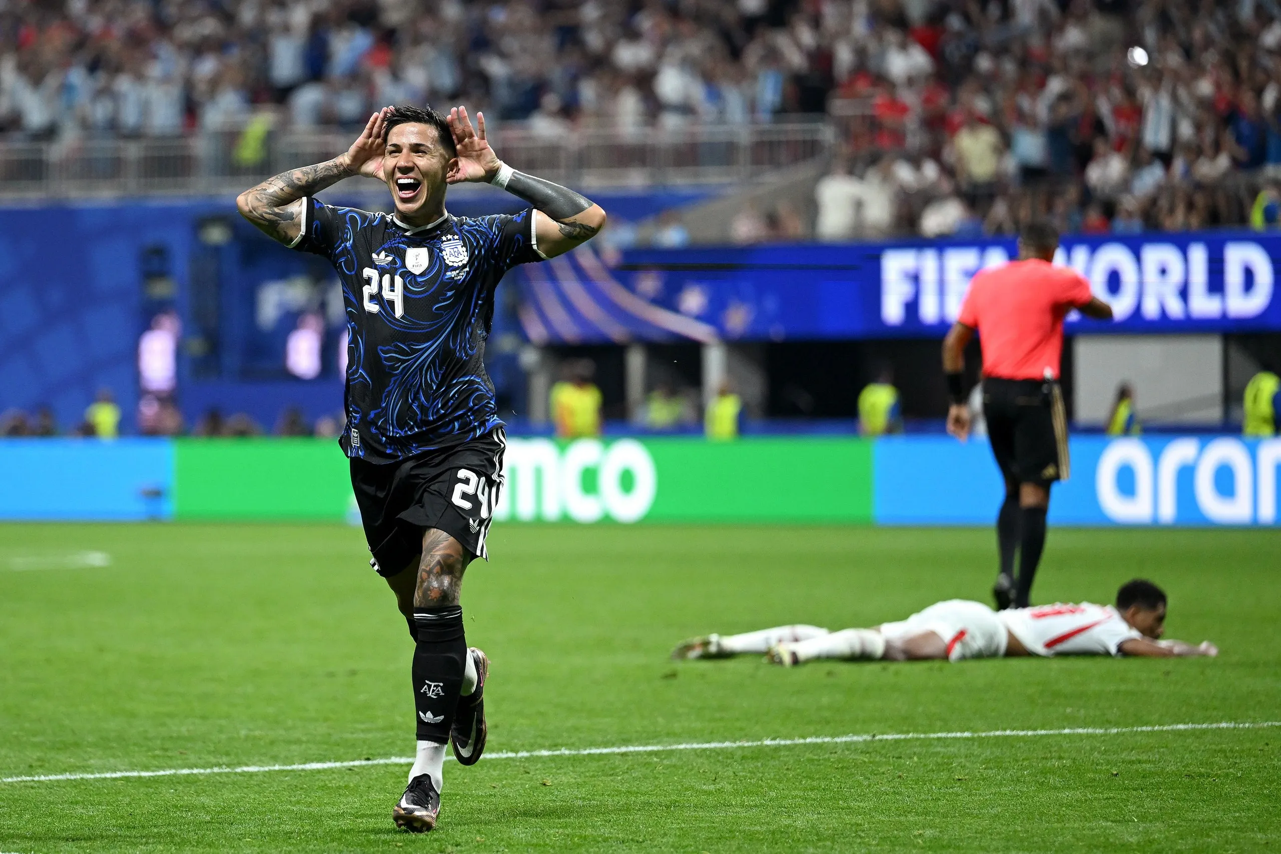Enzo Fernández celebrates after his equaliser for Argentina