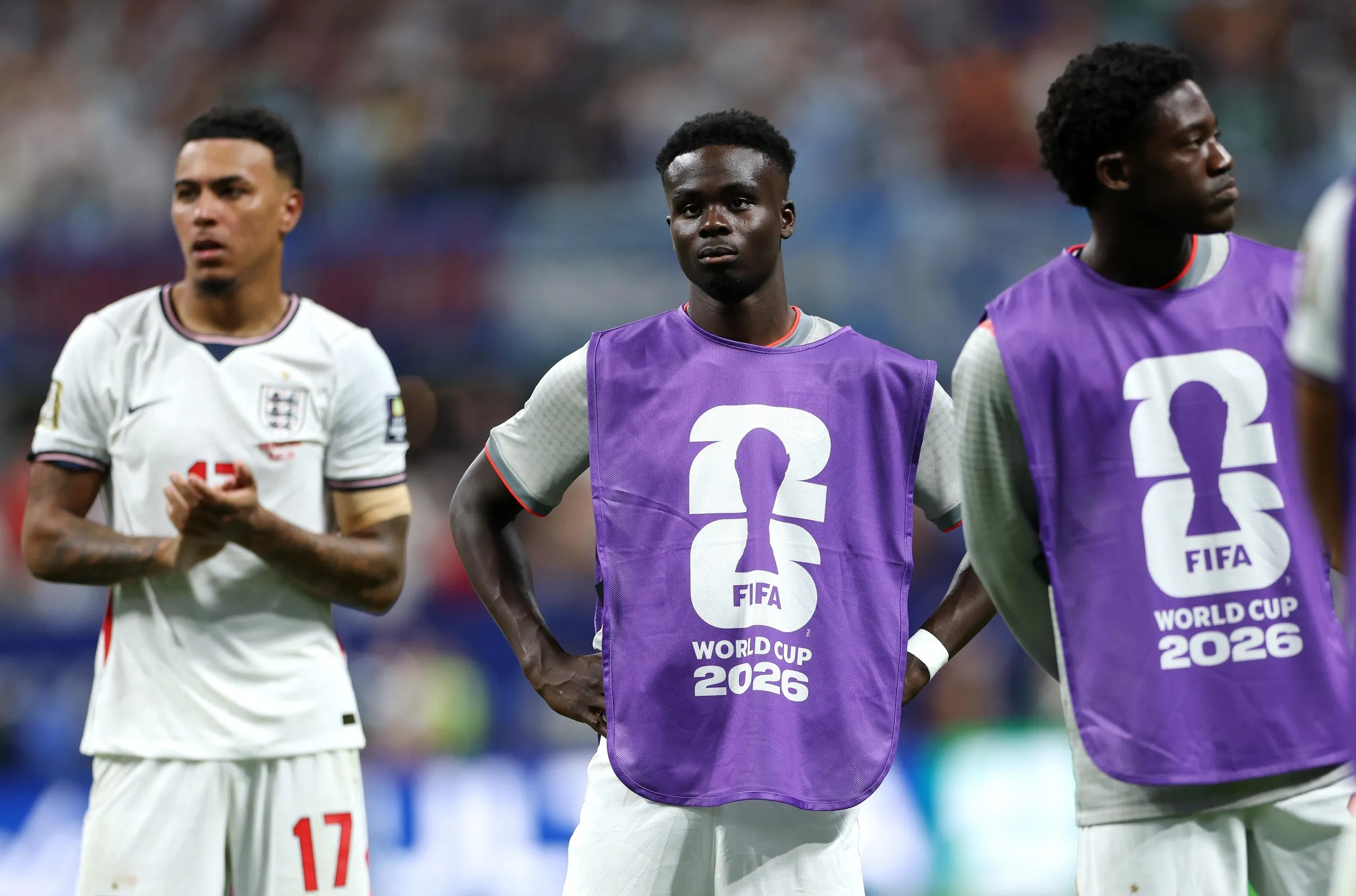 Morgan Rogers, Bukayo Saka and Kobbie Mainoo look downbeat after England's defeat by Argentina