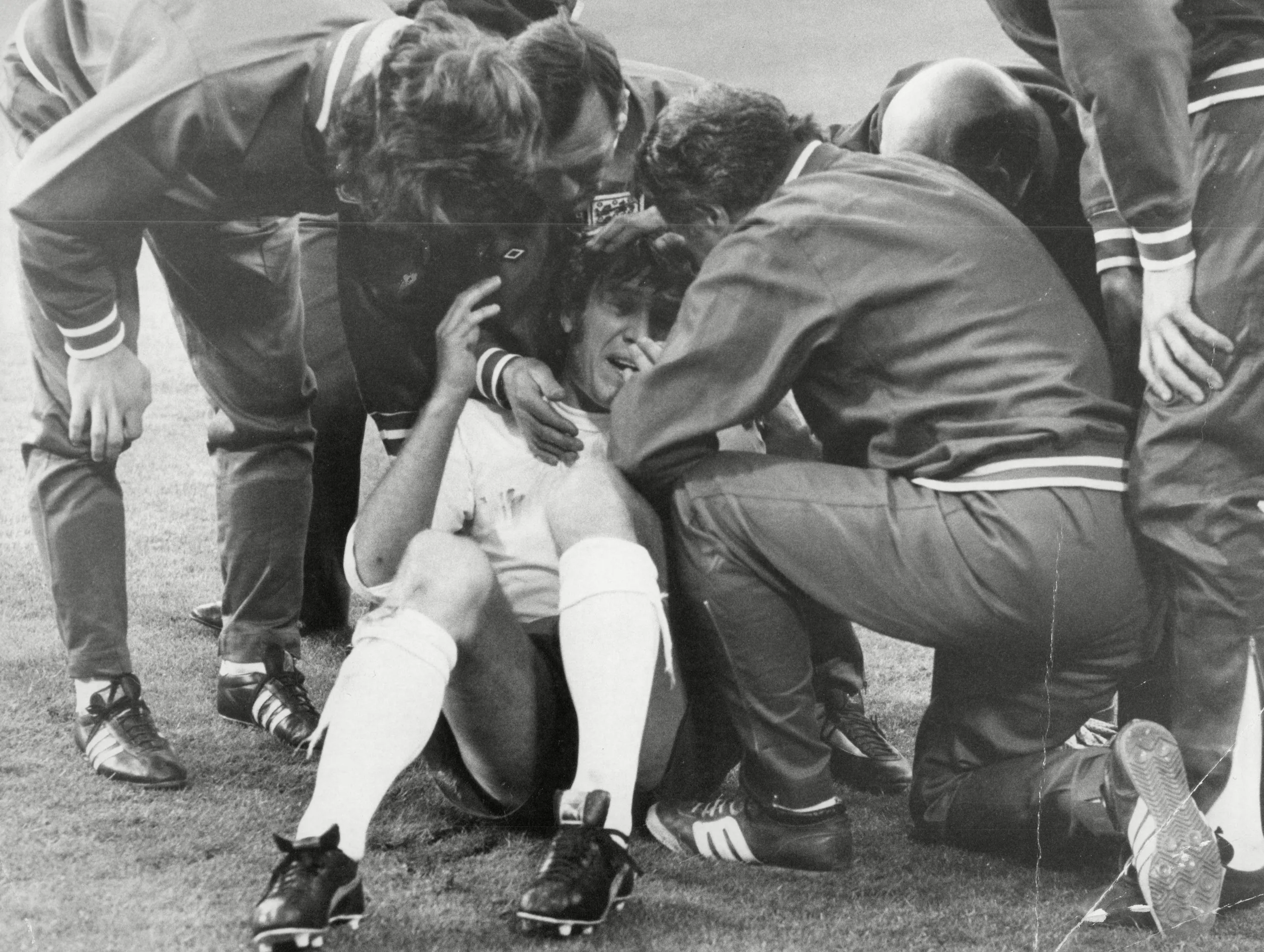 Emlyn Hughes after being hit by Argentina’s Rubén Glaria in a 1974 ‘friendly’ at Wembley