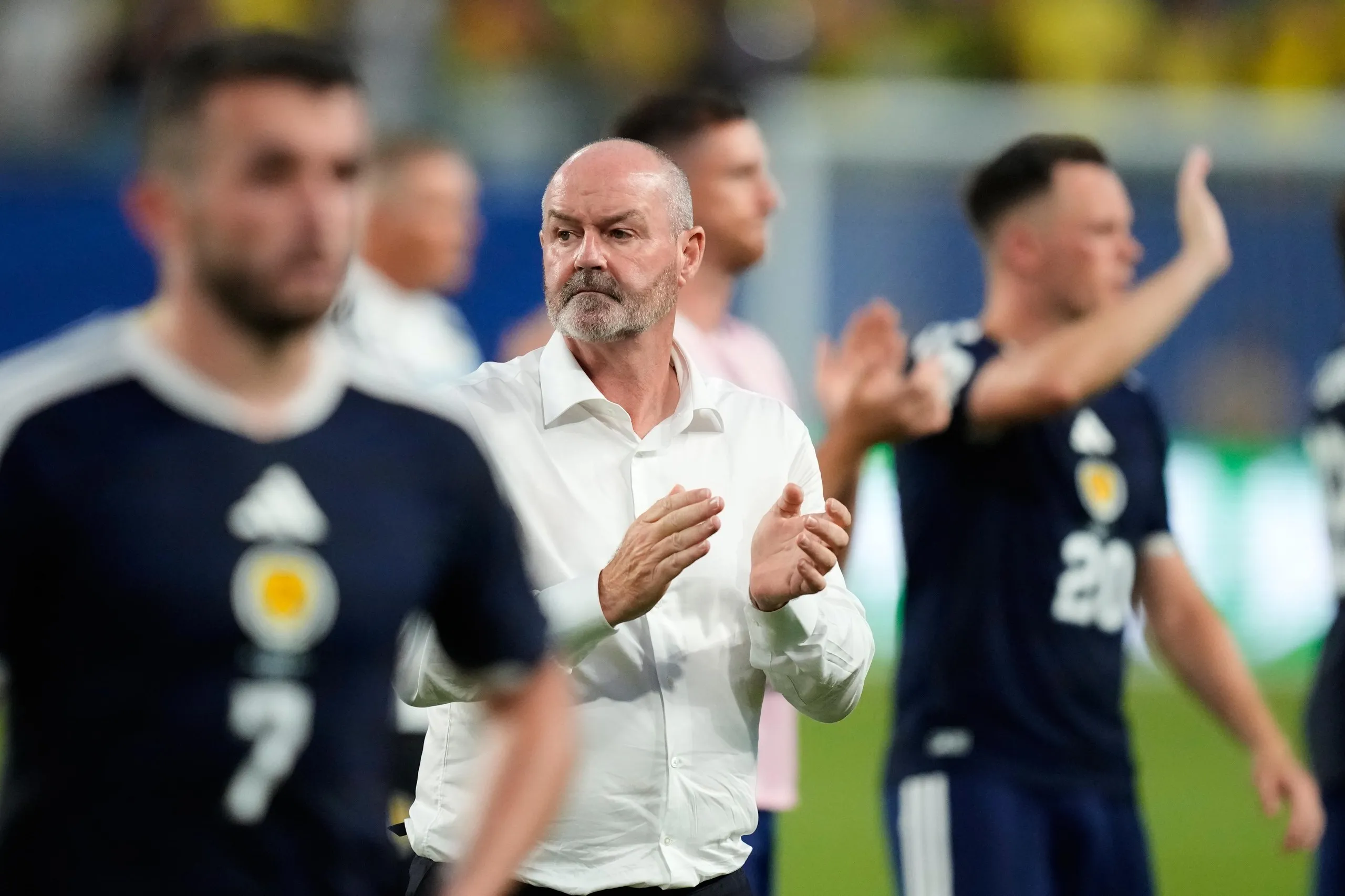 The Scotland head coach, Steve Clarke, reacts following the defeat to Brazil in Miami.