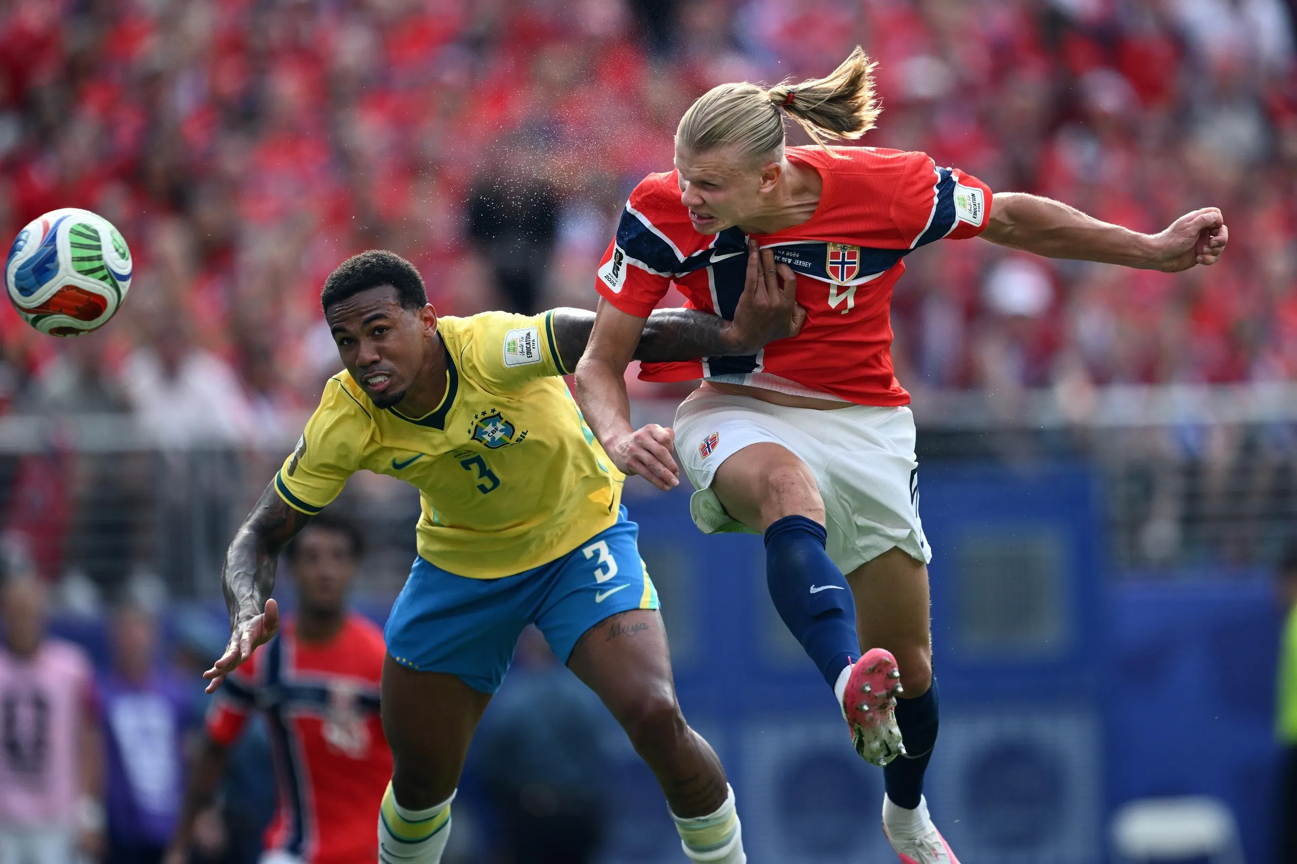 Erling Haaland of Norway scores against Brazil at New York New Jersey Stadium